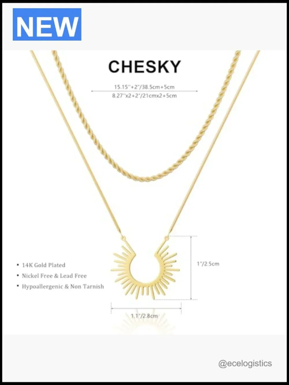 Layered Pendant Necklace Set 14k Gold Plated Dainty Cubic Zirconia Non Tarnish